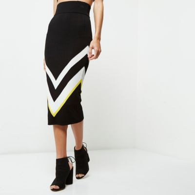 Black knit chevron pencil midi skirt